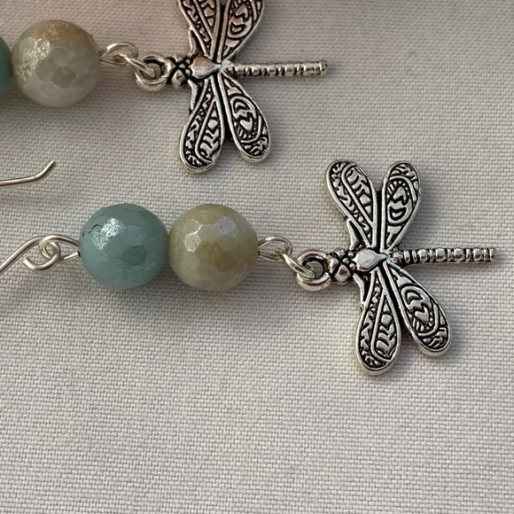 𝅺DANGLE Earrings Amazonite Beads and Dragonfly Charms - Picture 2 of 9